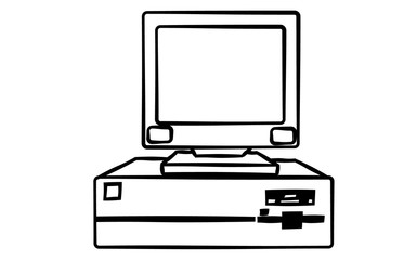 Poster - Old retro vintage antique hipster obsolete stationary personal computer with a system unit and a flop bottom on a white background. Vector illustration