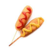 Tasty Corn Dog With Ketchup And Mustard On White Background