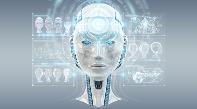 Digital artificial intelligence cyborg interface 3D rendering
