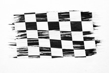 Closeup Of Art Brush Watercolor Painting Checkered Black And White Racing Flag Blown In The Wind Isolated On White.