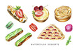 Watercolor set of delicious desserts. Eclair, macaron, tart. Watercolor illustration isolated on white.