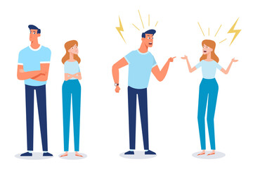 Angry man and woman quarrelling and making a loud public scandal . Vector flat cartoon illustration