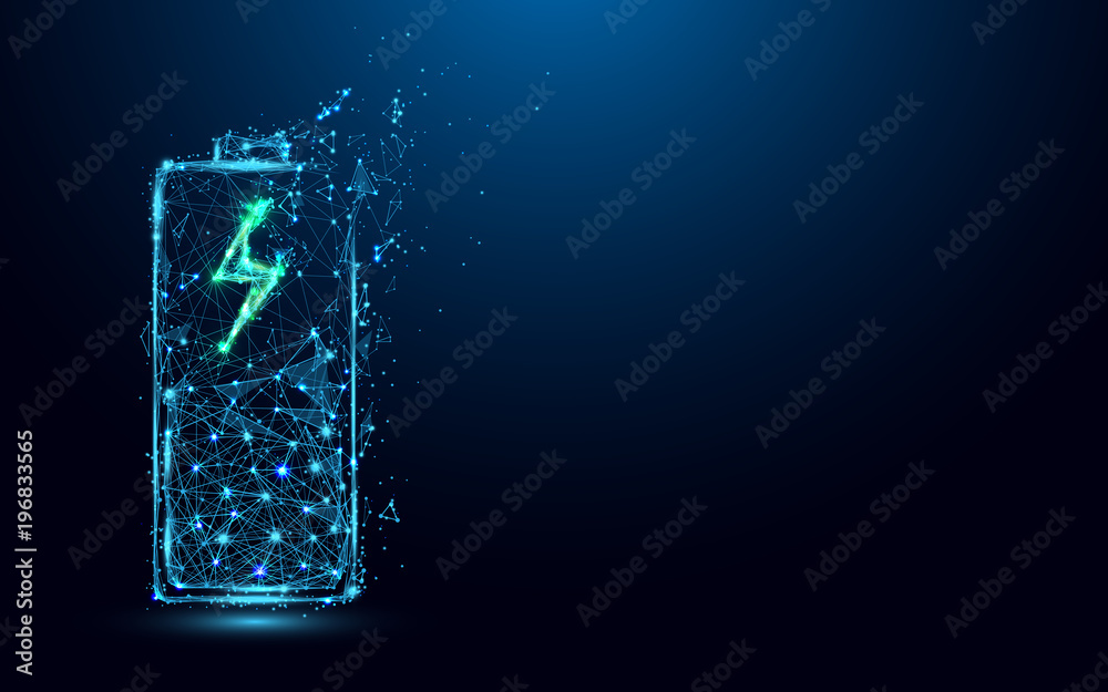 Abstract Battery Charging Icon form lines and triangles, point connecting network on blue background. Illustration vector - obrazy, fototapety, plakaty 