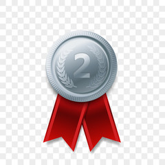 2 winner silver medal award with ribbon vector realistic icon isolated on transparent background. Number one 2nd second place or best victory champion prize award silver shiny medal badge