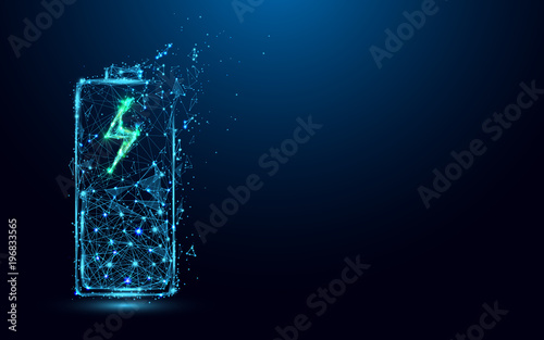 Fotografía Abstract Battery Charging Icon form lines and triangles, point connecting network on blue background