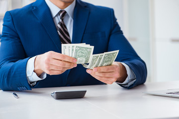 Accountant calculating dollars with calculator in office