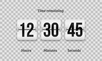 Wall Mural - Flip countdown clock counter timer. Vector time remaining count down flip board with scoreboard of day, hour, minutes and seconds for web page upcoming event template design, under constuction page.