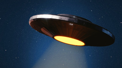 Wall Mural - ufo, alien spaceship with light beam in night sky, flying saucer with blue star background