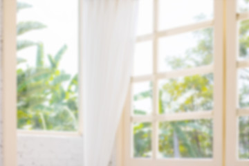 Poster - Defocused window background with white curtains in morning time.