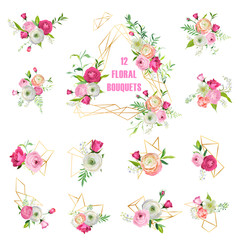 Wall Mural - Floral Bouquets Set for Holidays Decoration. Pink Flowers Wreathes with Geometric Elements for Wedding Invitation, Wallpaper, Pattern, Greeting Cards. Vector illustration