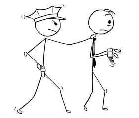 Sticker - Cartoon stick man drawing conceptual illustration of businessman arrested by policeman. Business concept of crime and punishment.