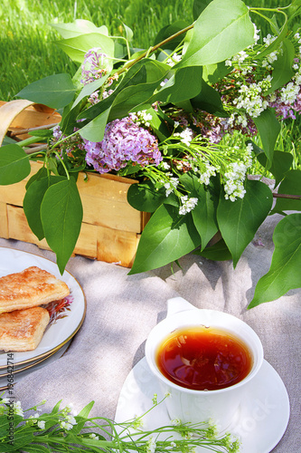 Plakat Piknik w naturze z herbacianym vypeskoy koszem z kwiatami bzy w letnim dniu w parku życie styl