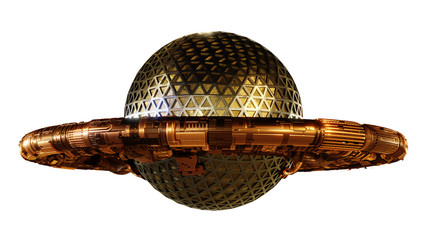 Wall Mural - ufo, alien spaceship isolated on white background, flying saucer with steampunk design (3d rendering
