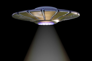 Wall Mural - ufo, alien spaceship with light beam, flying saucer isolated on empty black background (3d illustrat