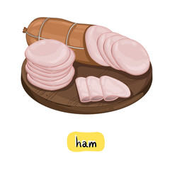 Wall Mural - Ham on wooden cutting board isolated on white background vector illustration