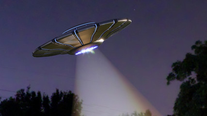 Wall Mural - ufo, alien spaceship with light beam in night sky, extraterrestrial visitors with flying saucer (3d 