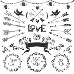 Wall Mural - Vintage decorative elements with lettering. Hand drawn vector design wedding set.