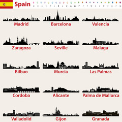 Wall Mural - Spain largest cities skylines silhouettes vector set
