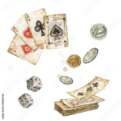 Fotografía Old Playing Cards. Watercolor Illustration.