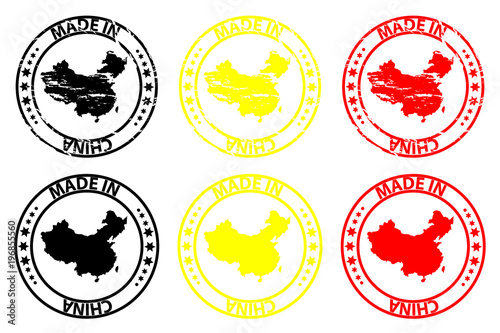 Foto Made in China - rubber stamp - vector, China map pattern - black, yellow and red