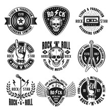 Rock N Roll Music Set Of Vintage Emblems, Labels, Badges And Logos In Monochrome Style Isolated On White Background Vector Illustration