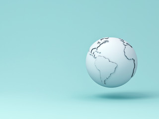 white earth globe isolated on light blue pastel color background with shadow . 3d rendering.