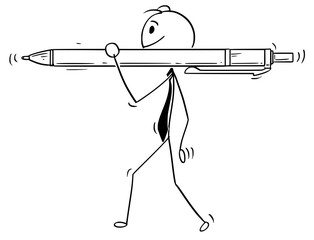 Sticker - Cartoon stick man drawing conceptual illustration of businessman carry big and large pen.