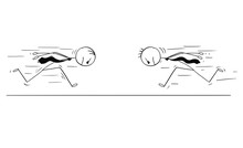 Cartoon Stick Man Drawing Conceptual Illustration Of Two Headstrong Businessmen Running Against Each Other Head First. Business Concept Of Confidence, Competition And Motivation.