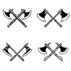 Wall Mural - Set of crossed medieval axe isolated on white background. Design element for logo, label, emblem, sign.