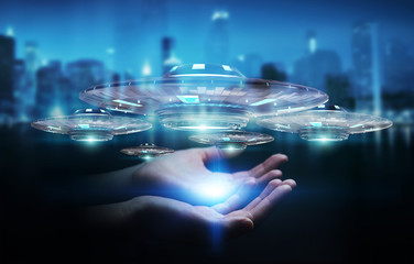 Poster - Businesswoman with retro UFO spaceship 3D rendering