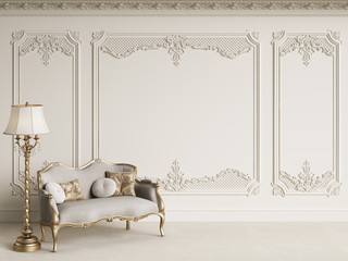 Wall Mural - Classic furniture in classic interior with copy space.White walls with mouldings and ornated cornice.Digital Illustration.3d rendering