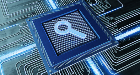 Poster - CPU processor chip with a search request and network connection on a circuit board - 3d render