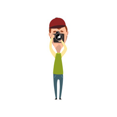 Sticker - Male photographer, paparazzi, blogger or journalist taking photo vector Illustration isolated on a white background