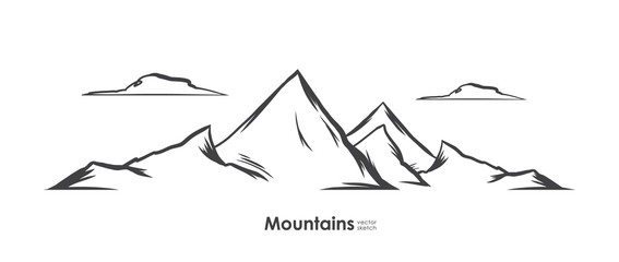 Leinwandbilder - Hand drawn Mountains sketch background. Line design. Emblem template