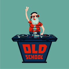 Old school retro party. Senior adult dj with vinyl.