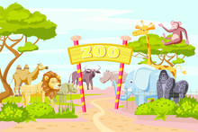 Zoo Entrance Gates Cartoon Poster With Elephant Giraffe Lion Safari Animals And Visitors On Territory Vector Illustration