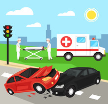 Two First Aid Doctors Carry The Victim Patient On Stretchers After Car Road Accident Disaster. Ambulance Emergency Medicine Hospital Car. Automobile Crash Damage Drunk Driver Concept. Vector Flat Cart