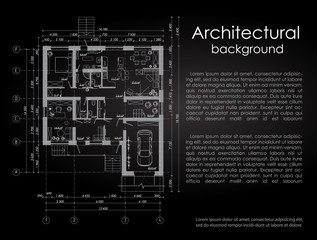 Architectural vector background. White drawing on a black background. Brochure. Drawing of a house. Disposition of the house. Banner with space for writing in the architectural style