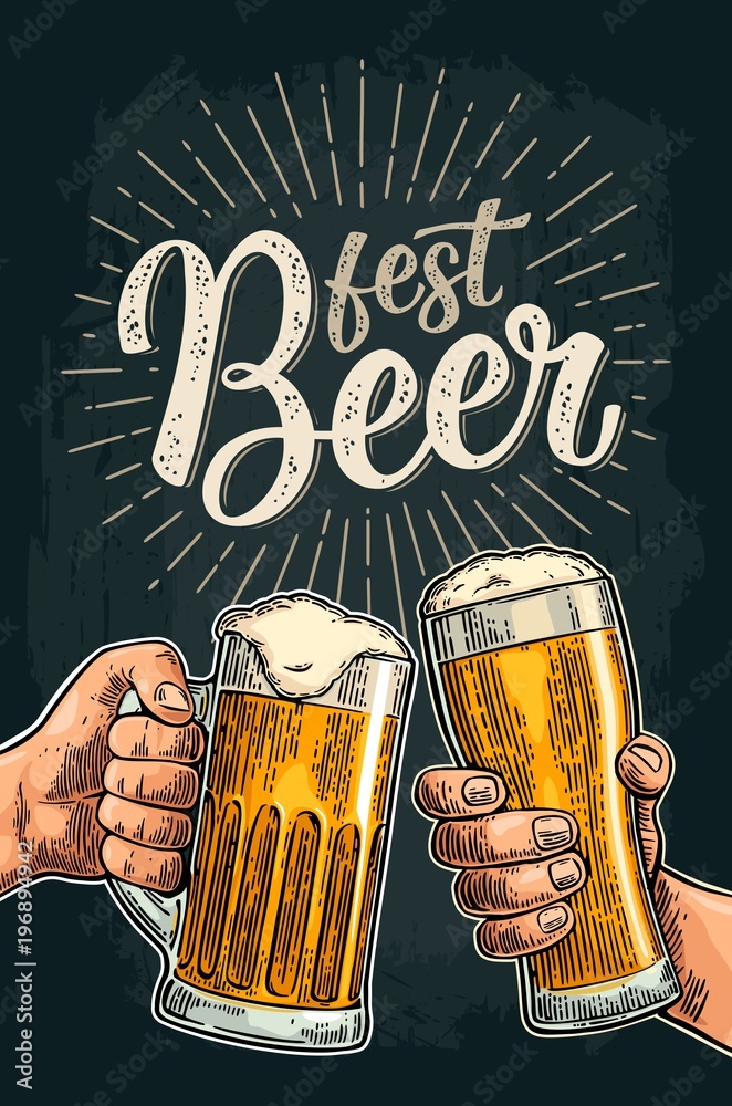 Two hands holding and clinking with beer glasses and bottle Stock ...