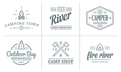 set of raster camping camp elements and outdoor activity icons illustration can be used as logo or i