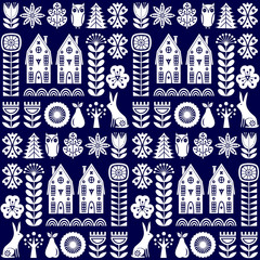 Wall Mural - Scandinavian folk art seamless vector pattern with flowers, trees, rabbit, owl, houses with decorative elements and rural scenery in simple style