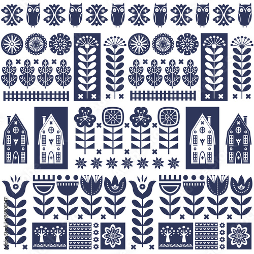 scandinavian-folk-art-seamless-vector-pattern-with-flowers-trees-owl-houses-with-decorative-elements-in-simple-style