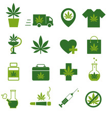 Marijuana, Cannabis Icons. Set Of Medical Marijuana Icons. Marijuana Leaf. Drug Consumption. Marijuana Legalization. Isolated Vector Illustration.