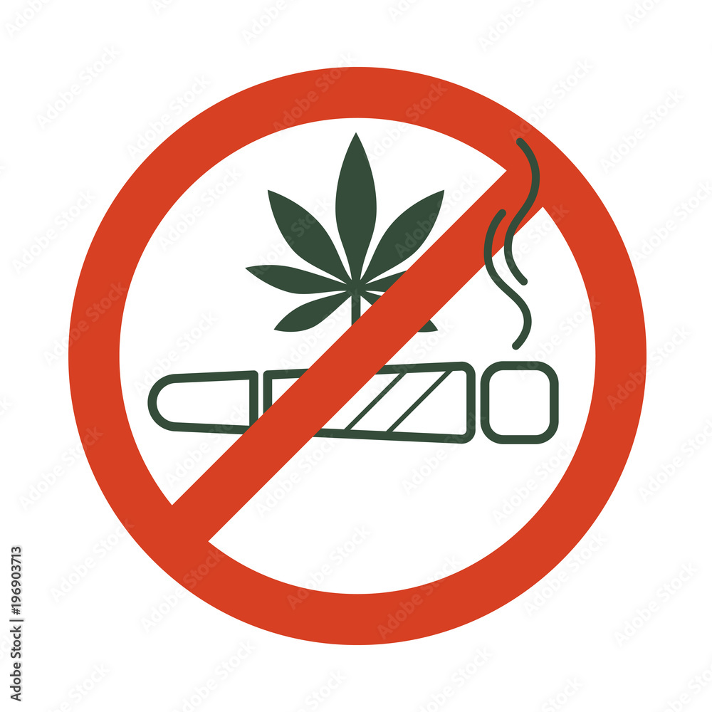 No drugs allowed. Marijuana joint, spliff, with forbidden sign - no drug.  Cannabis cigarette icon in prohibition red circle. Anti drugs. Just say no.  Isolated vector illustration. Stock Vector