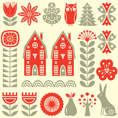 Wall Mural - Scandinavian folk art seamless vector pattern with flowers, trees, rabbit, owl, houses and rural scenery in simple style