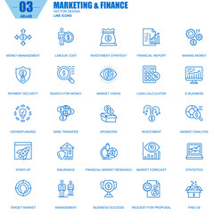 Fototapete - Thin line marketing and finance icons set for website and mobile site and apps. Contains such Icons as Crowdfunding, Market, E-business. 48x48 Pixel Perfect. Editable Stroke. Vector illustration.