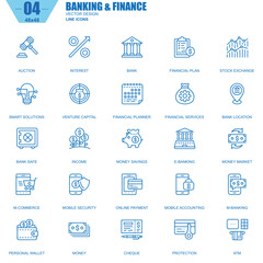 Fototapete - Thin line banking and finance icons set for website and mobile site and apps. Contains such Icons as Bank, Money, Financial Plan, M-commerce. 48x48 Pixel Perfect. Editable Stroke. Vector illustration.
