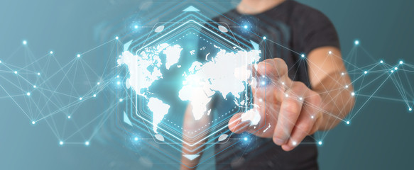 Poster - Businessman using digital world map interface 3D rendering