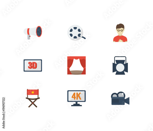 Video Icons Set With 3d Movie Cinema Director Chair And