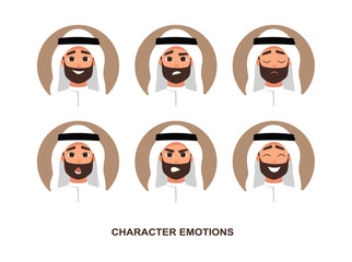 Wall Mural - Cartoon arab man avatars emotion. Set of avatars with character emotions including surprise, happiness, anger, smirk, grin cartoon style vector illustration of isolated layers on a white background